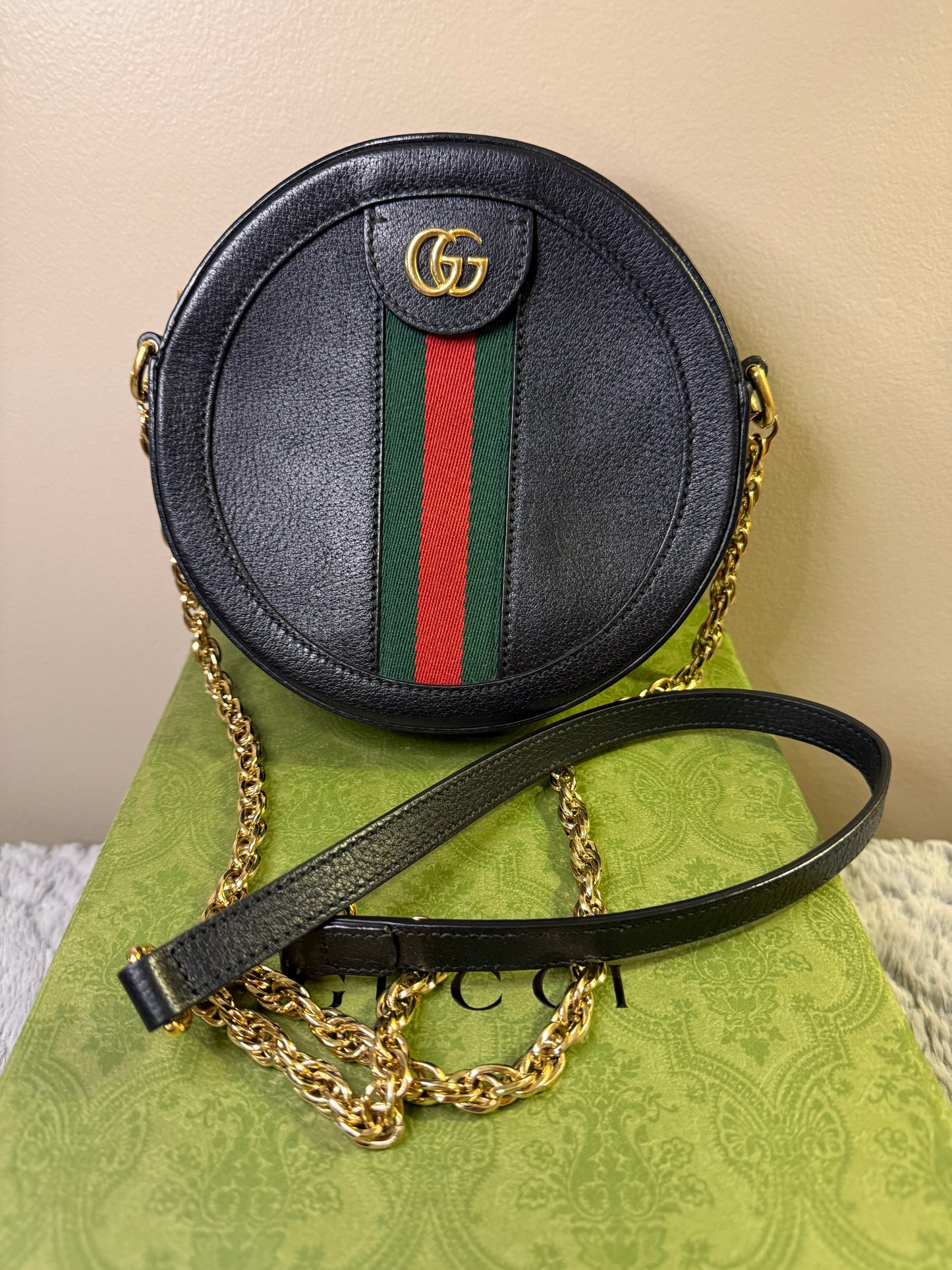 Gucci Ophidia Web Calfskin Round Crossbody Bag