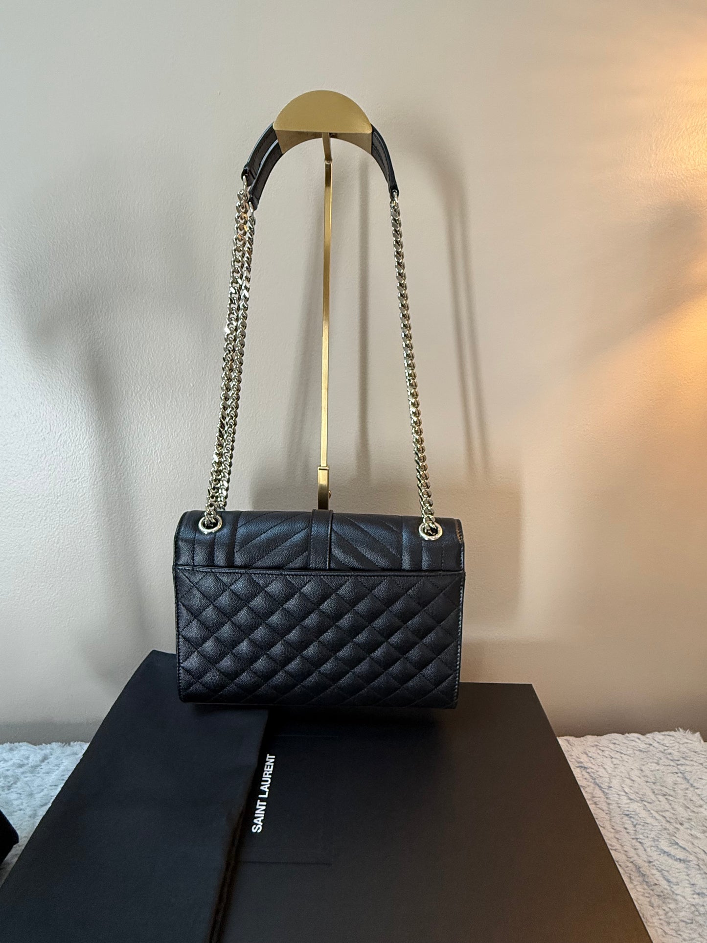 SAINT LAURENT
Envelope Triquilt Medium YSL Shoulder Bag in Grained Leather