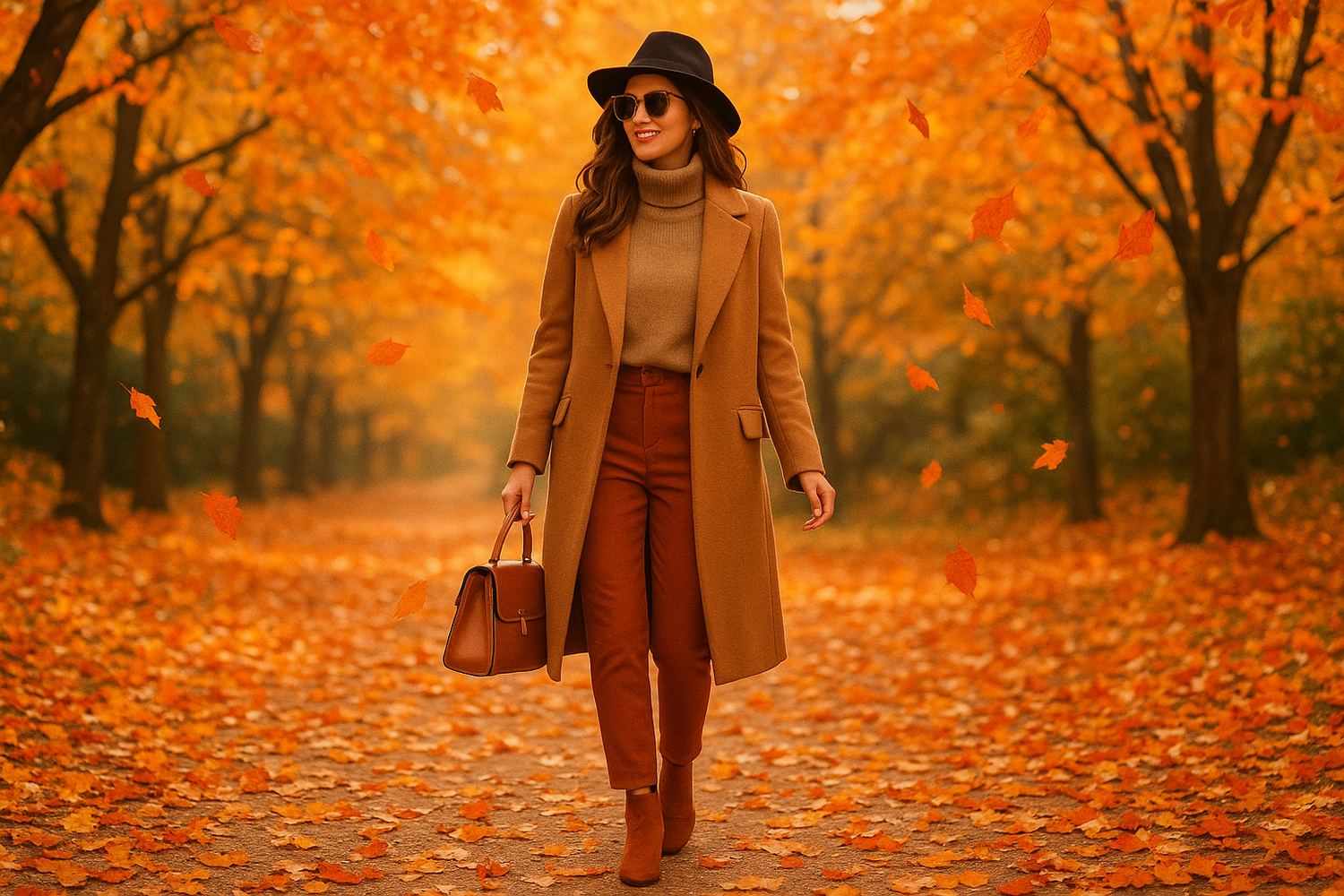 Woman walking in fall leaves carrying a purse