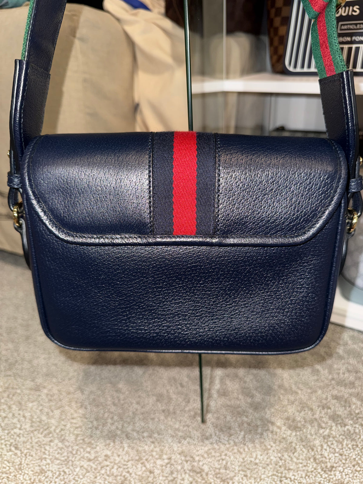 Gucci Navy Leather Crossbody with 2 Straps Red and Green Strap/ Blue Leather