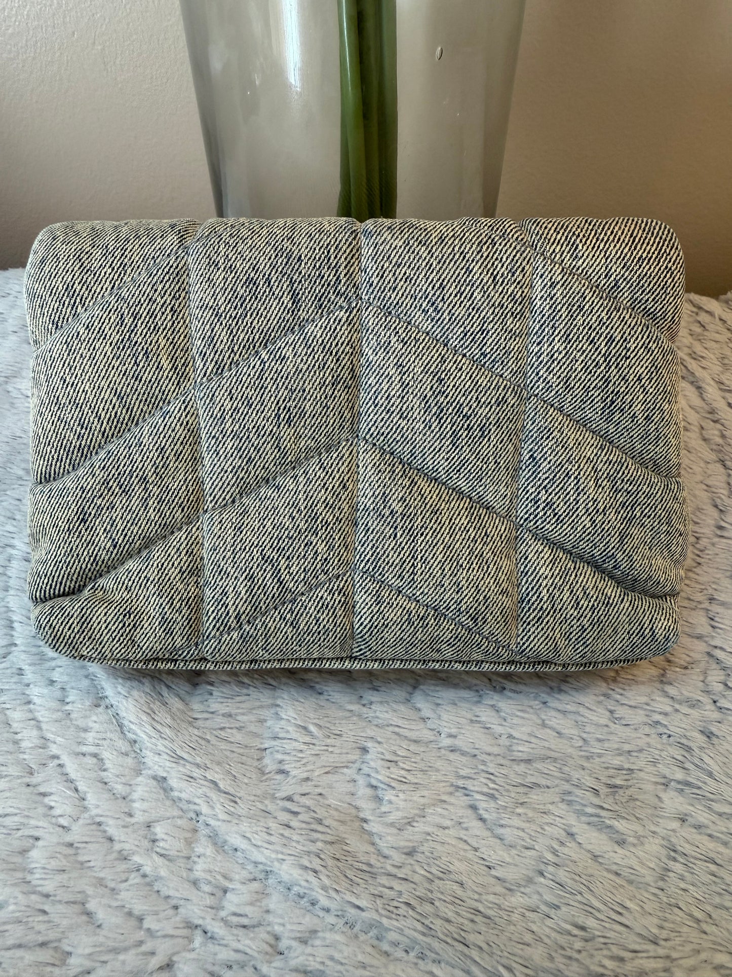 Saint Laurent Denim Quilted Monogram Loulou Puffer Pouch /Clutch