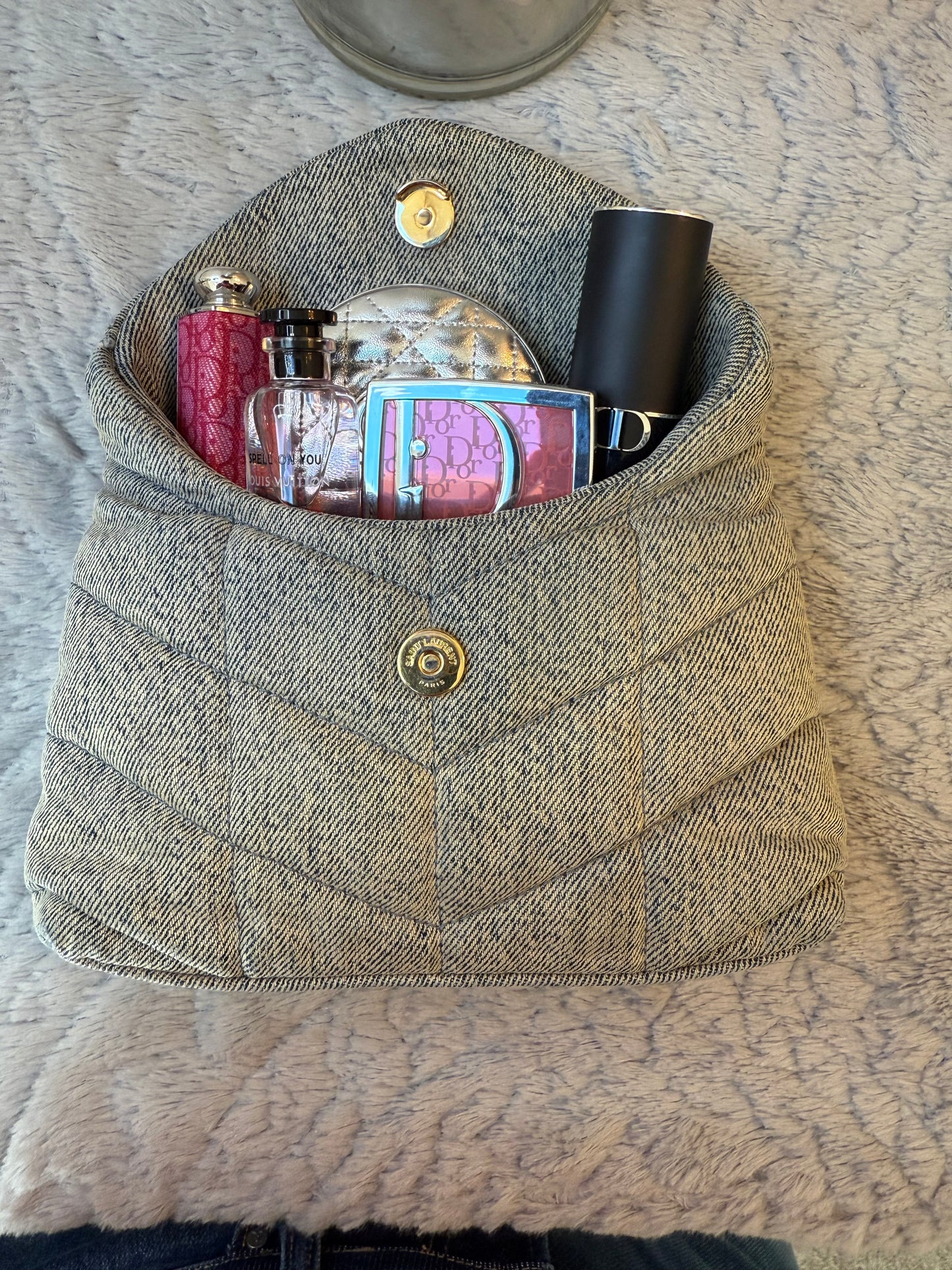 Saint Laurent Denim Quilted Monogram Loulou Puffer Pouch /Clutch