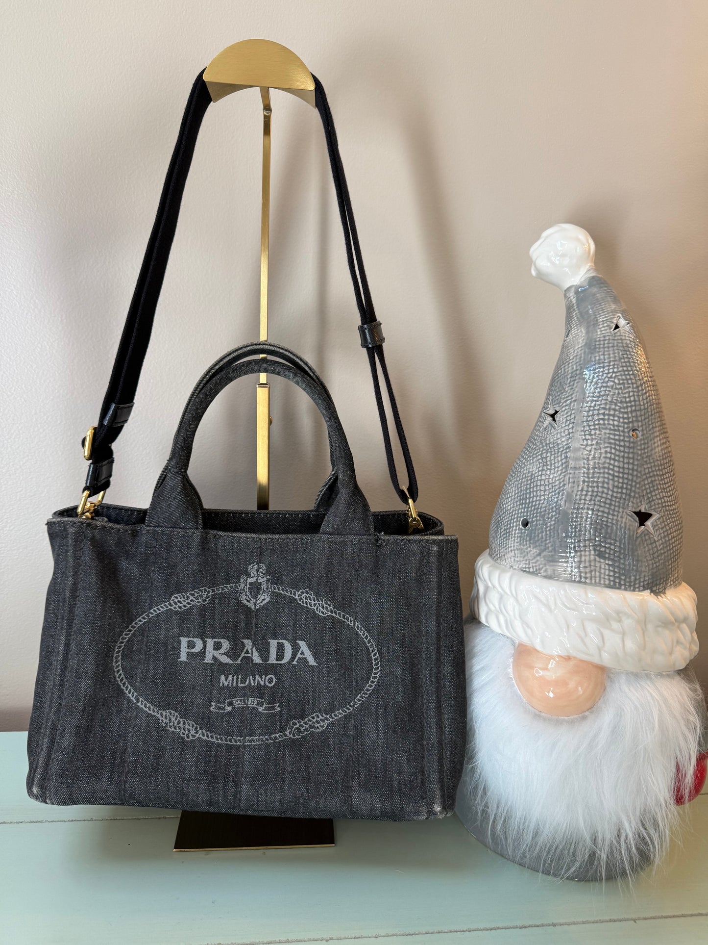 Prada Canapa logo-print tote bag in black denim