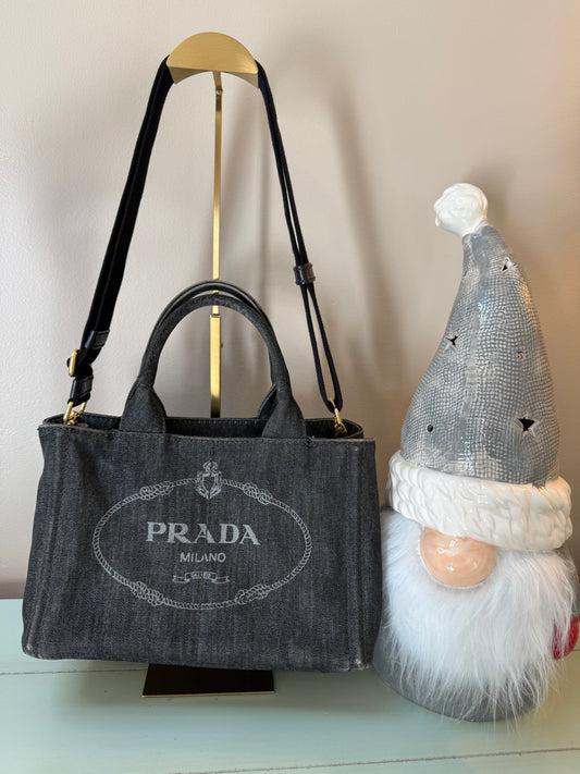 Prada Canapa logo-print tote bag in black denim