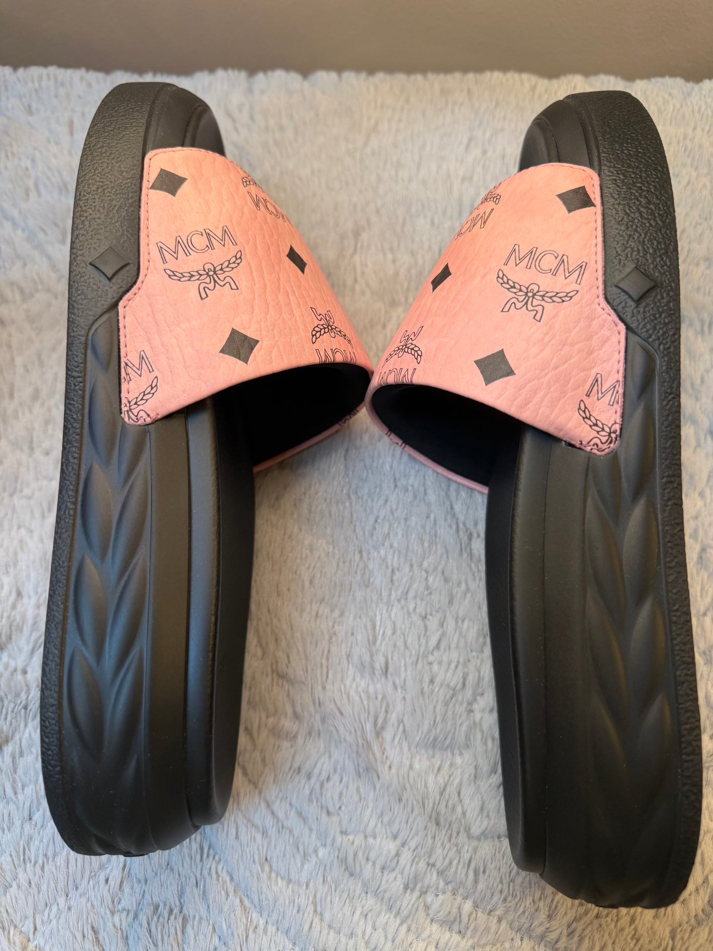 MCM Pink Visetos Monogram Slide Sandals | Size US 8 / EU 39