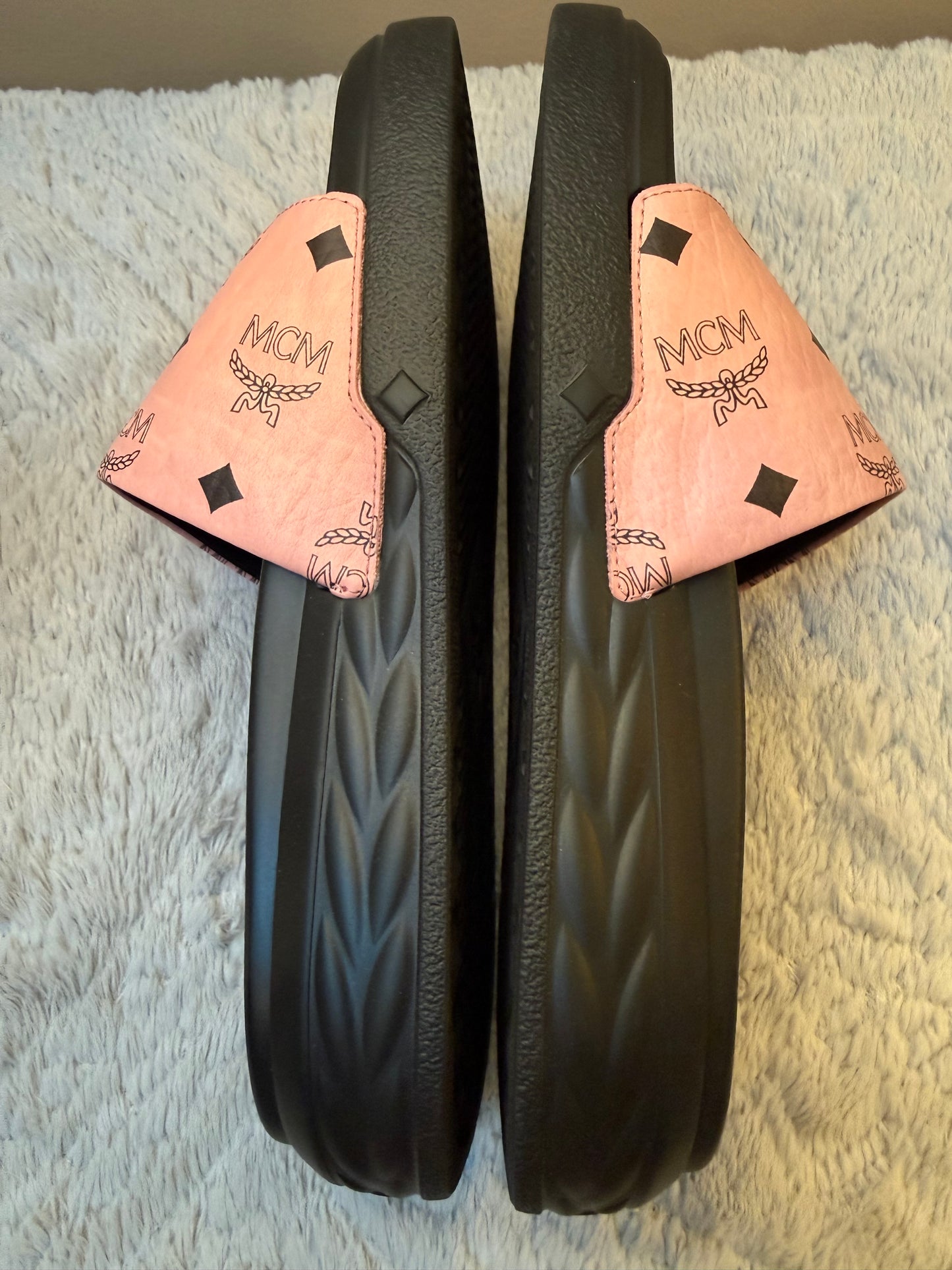 MCM Pink Visetos Monogram Slide Sandals | Size US 8 / EU 39