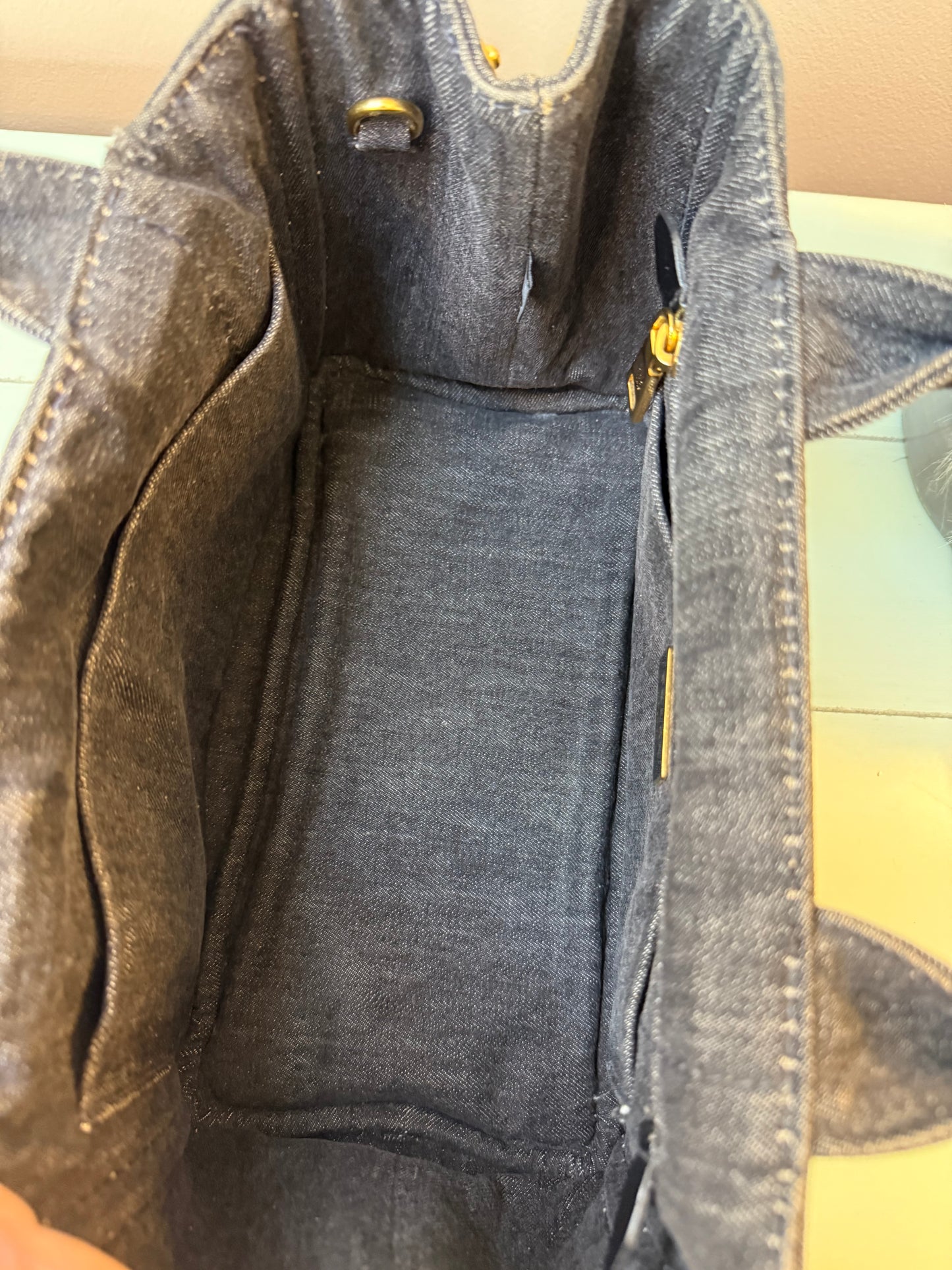 Prada Canapa logo-print tote bag in black denim