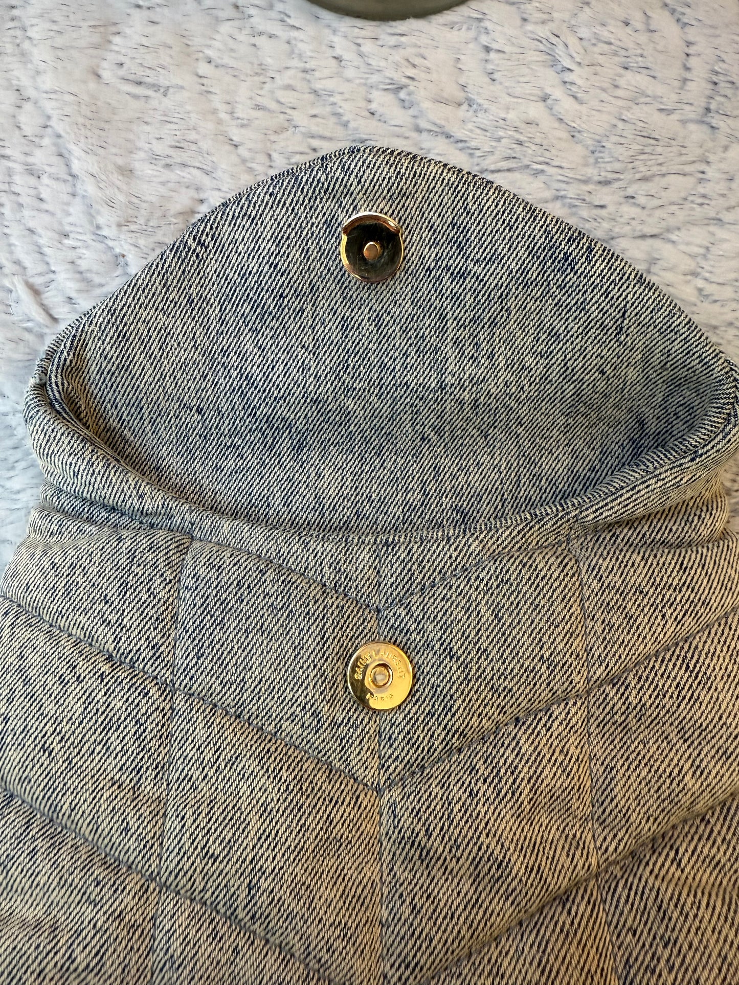 Saint Laurent Denim Quilted Monogram Loulou Puffer Pouch /Clutch