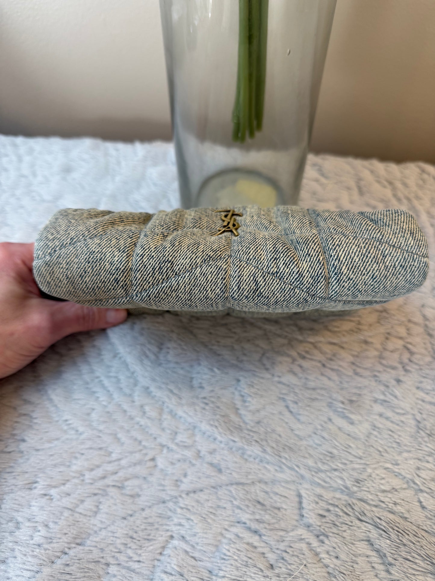 Saint Laurent Denim Quilted Monogram Loulou Puffer Pouch /Clutch