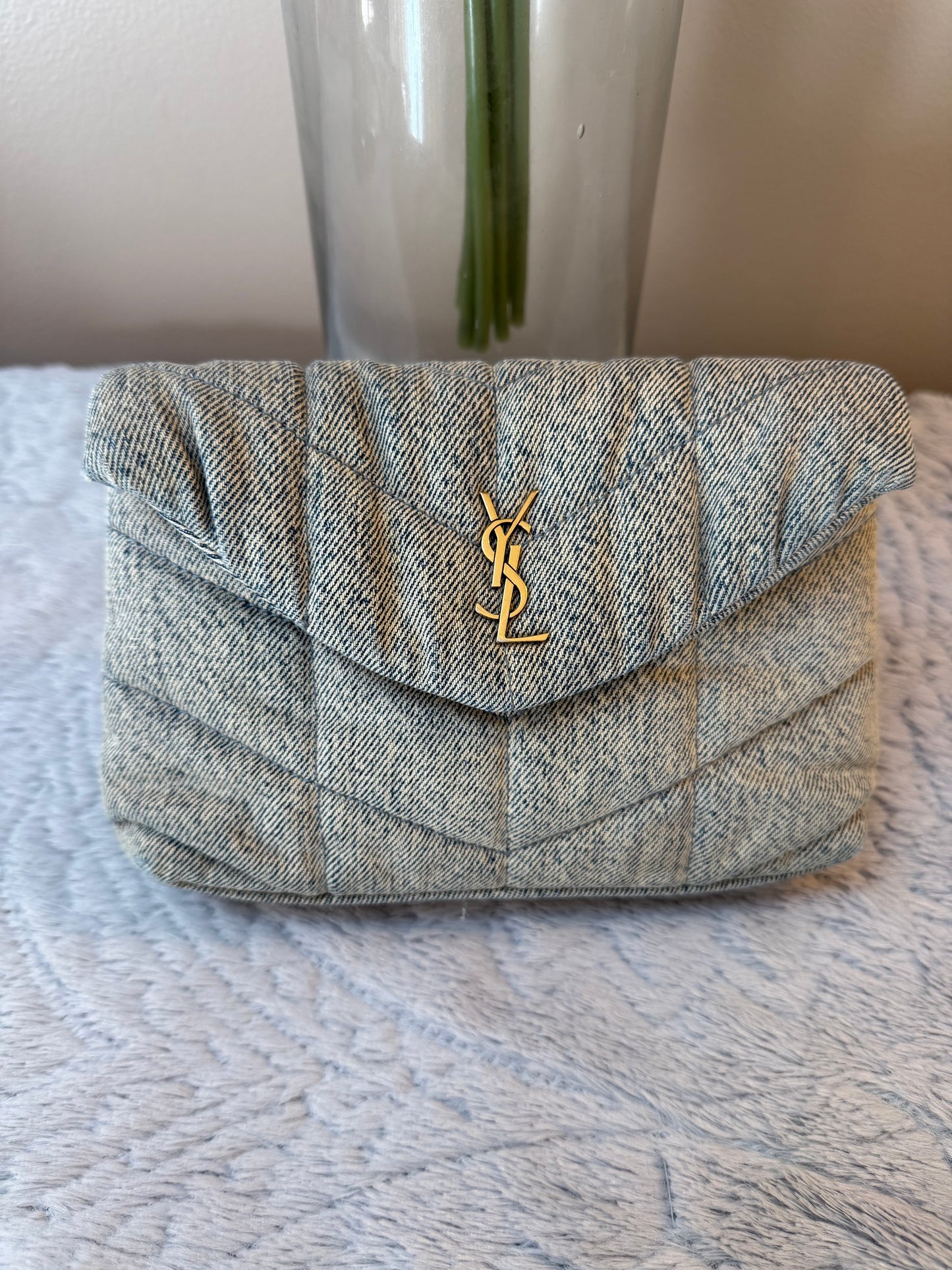 Saint Laurent Denim Quilted Monogram Loulou Puffer Pouch /Clutch