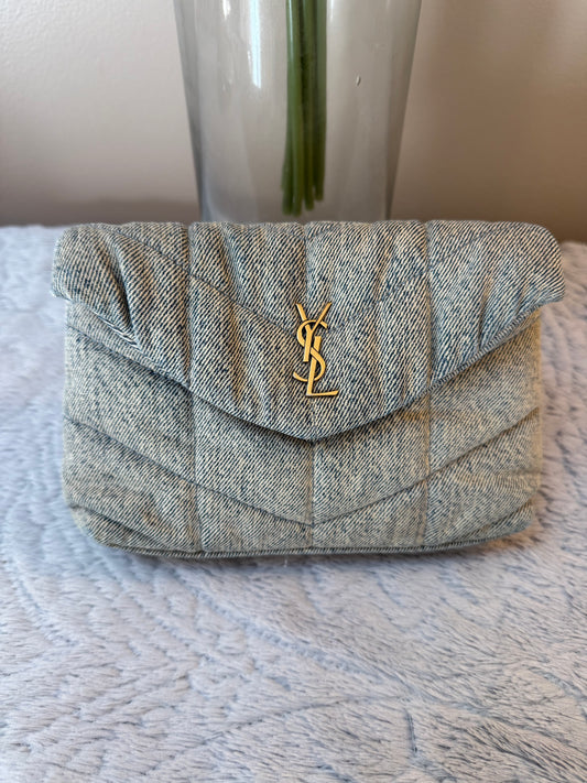 Saint Laurent Denim Quilted Monogram Loulou Puffer Pouch /Clutch