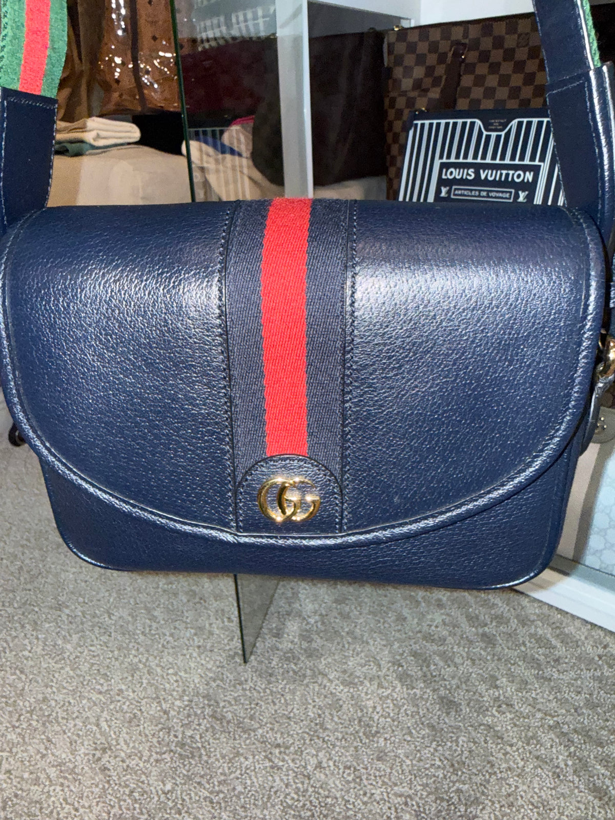 Gucci Navy Leather Crossbody with 2 Straps Red and Green Strap/ Blue Leather