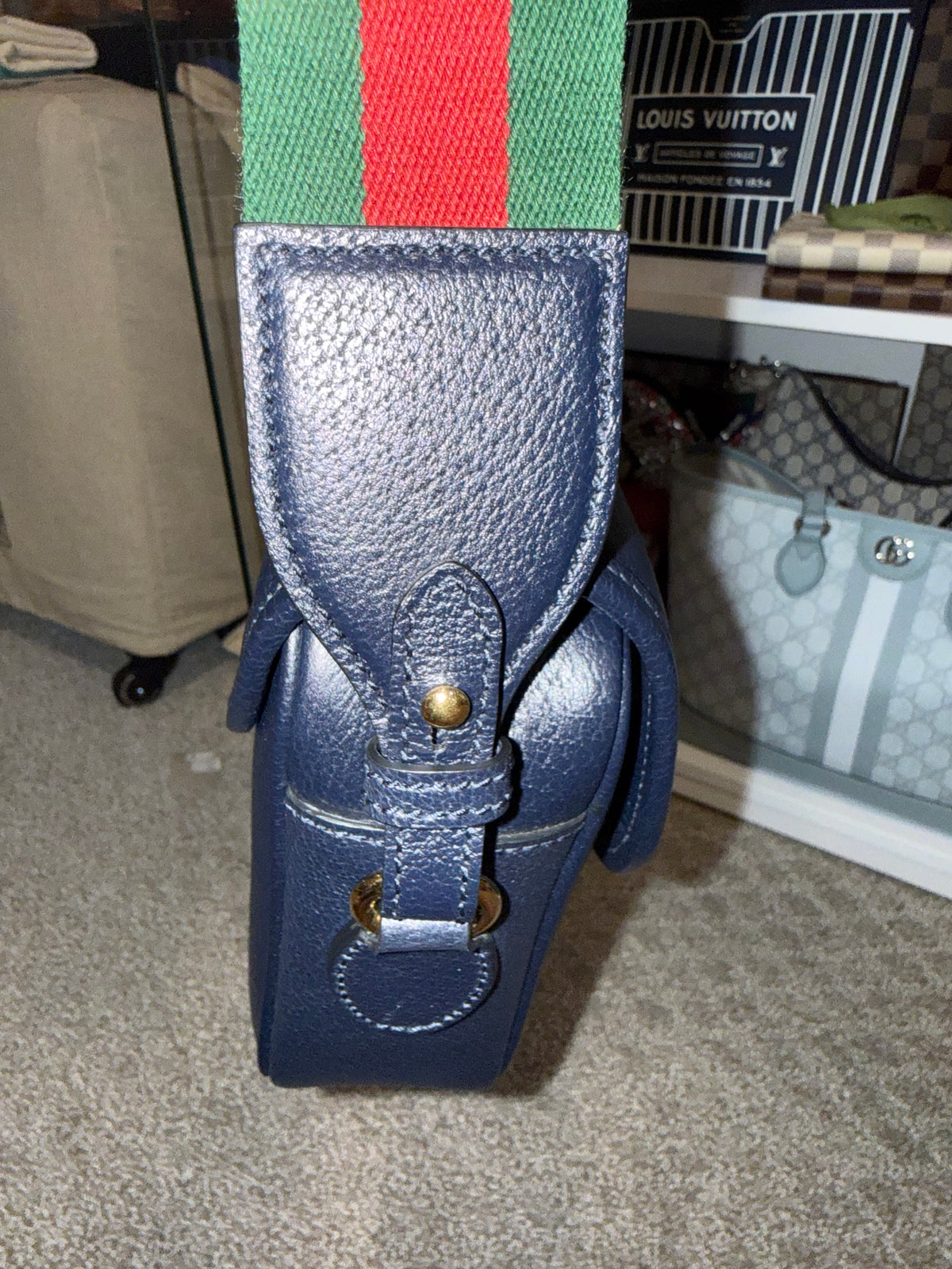 Gucci Navy Leather Crossbody with 2 Straps Red and Green Strap/ Blue Leather