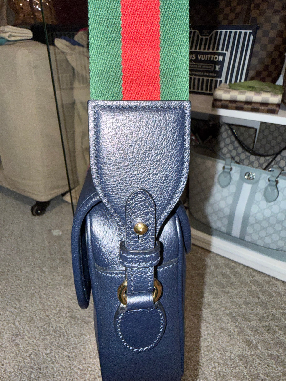 Gucci Navy Leather Crossbody with 2 Straps Red and Green Strap/ Blue Leather