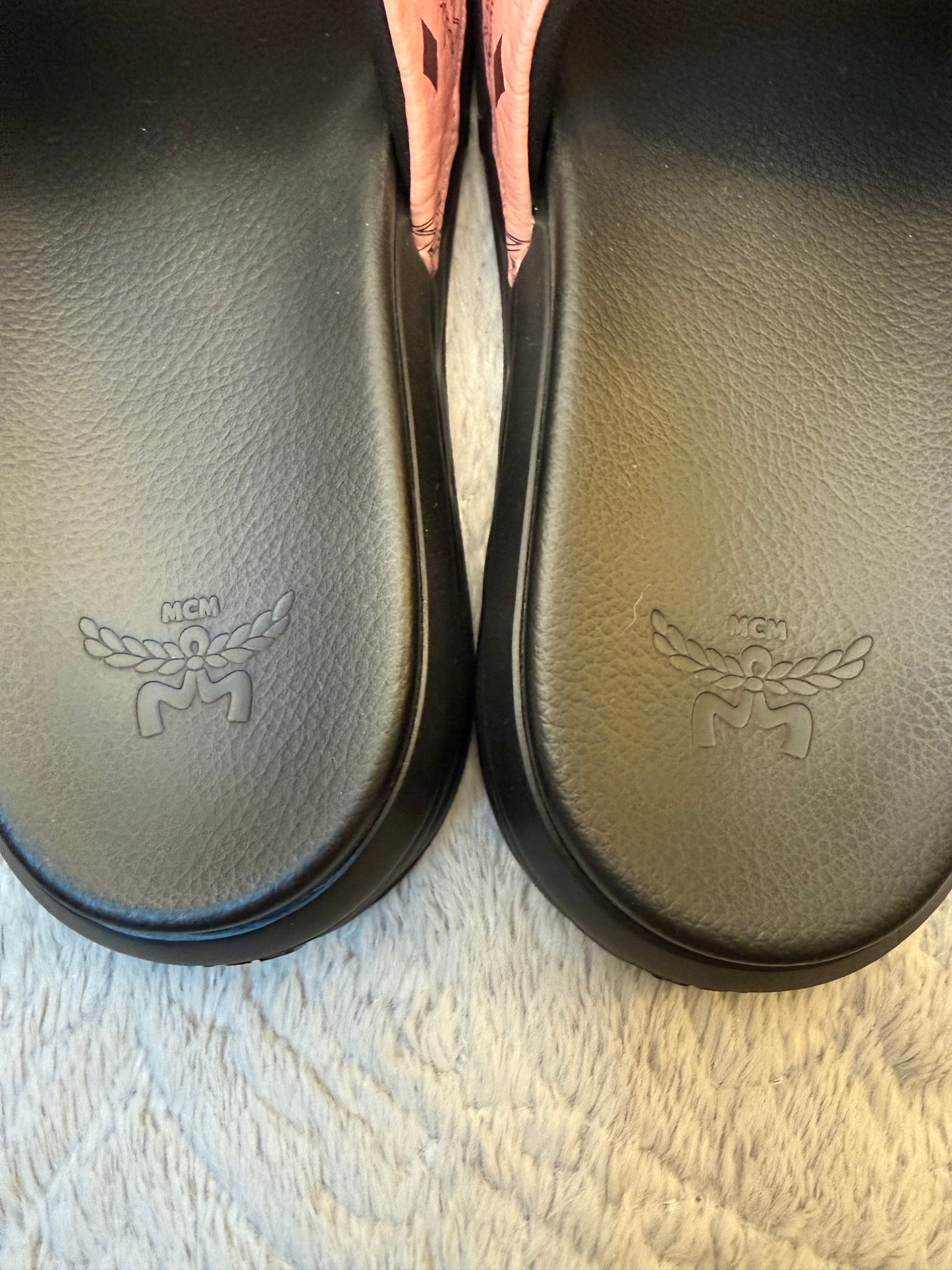 MCM Pink Visetos Monogram Slide Sandals | Size US 8 / EU 39