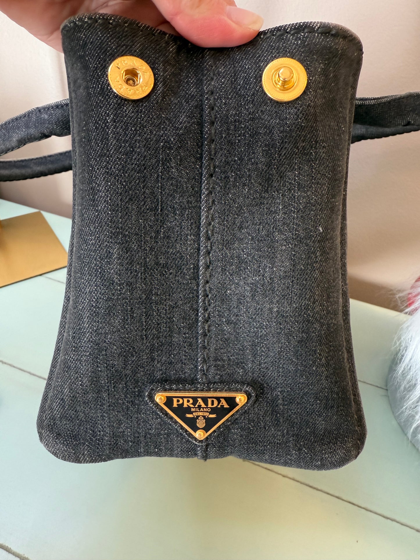 Prada Canapa logo-print tote bag in black denim