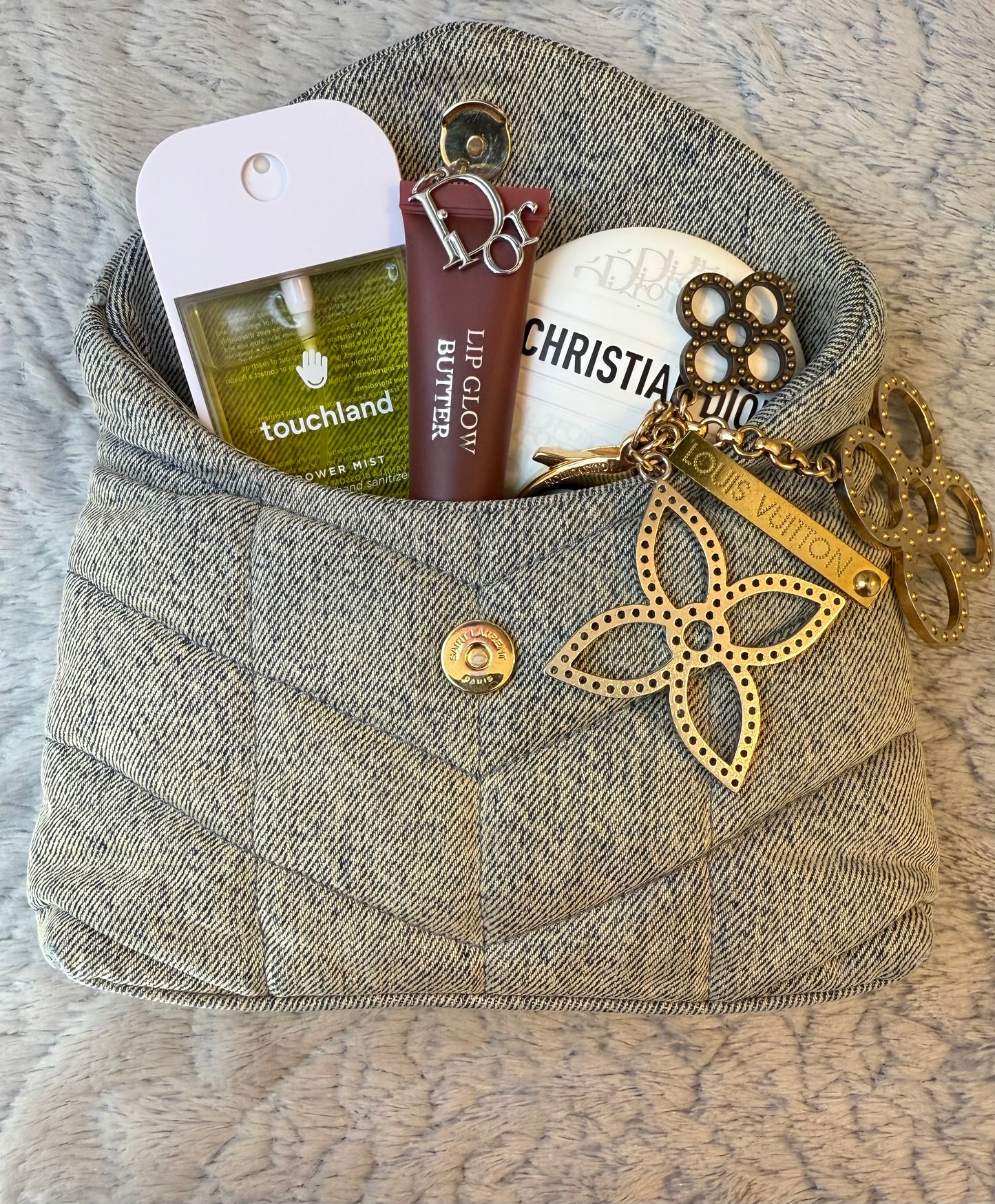 Saint Laurent Denim Quilted Monogram Loulou Puffer Pouch /Clutch