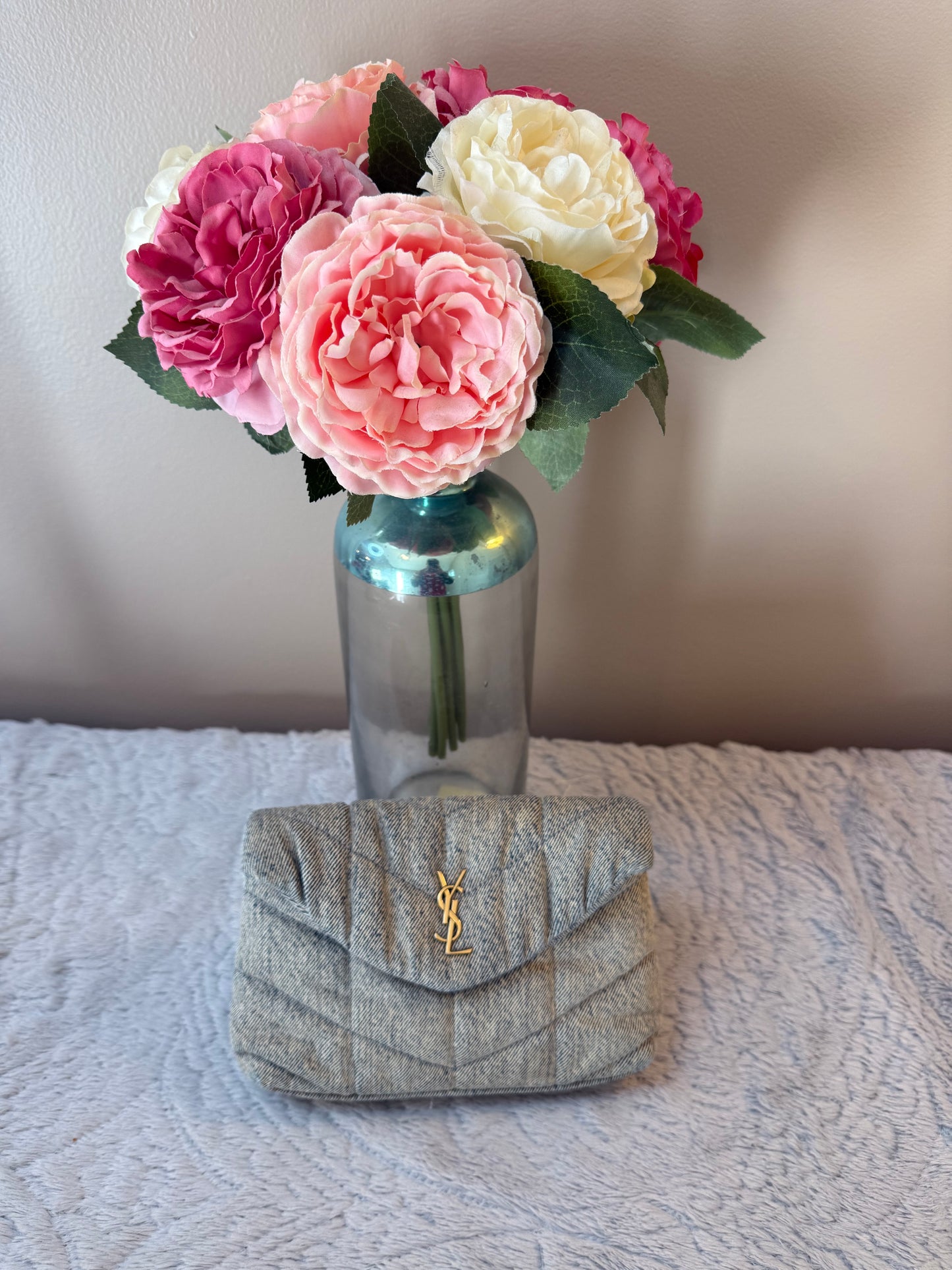 Saint Laurent Denim Quilted Monogram Loulou Puffer Pouch /Clutch