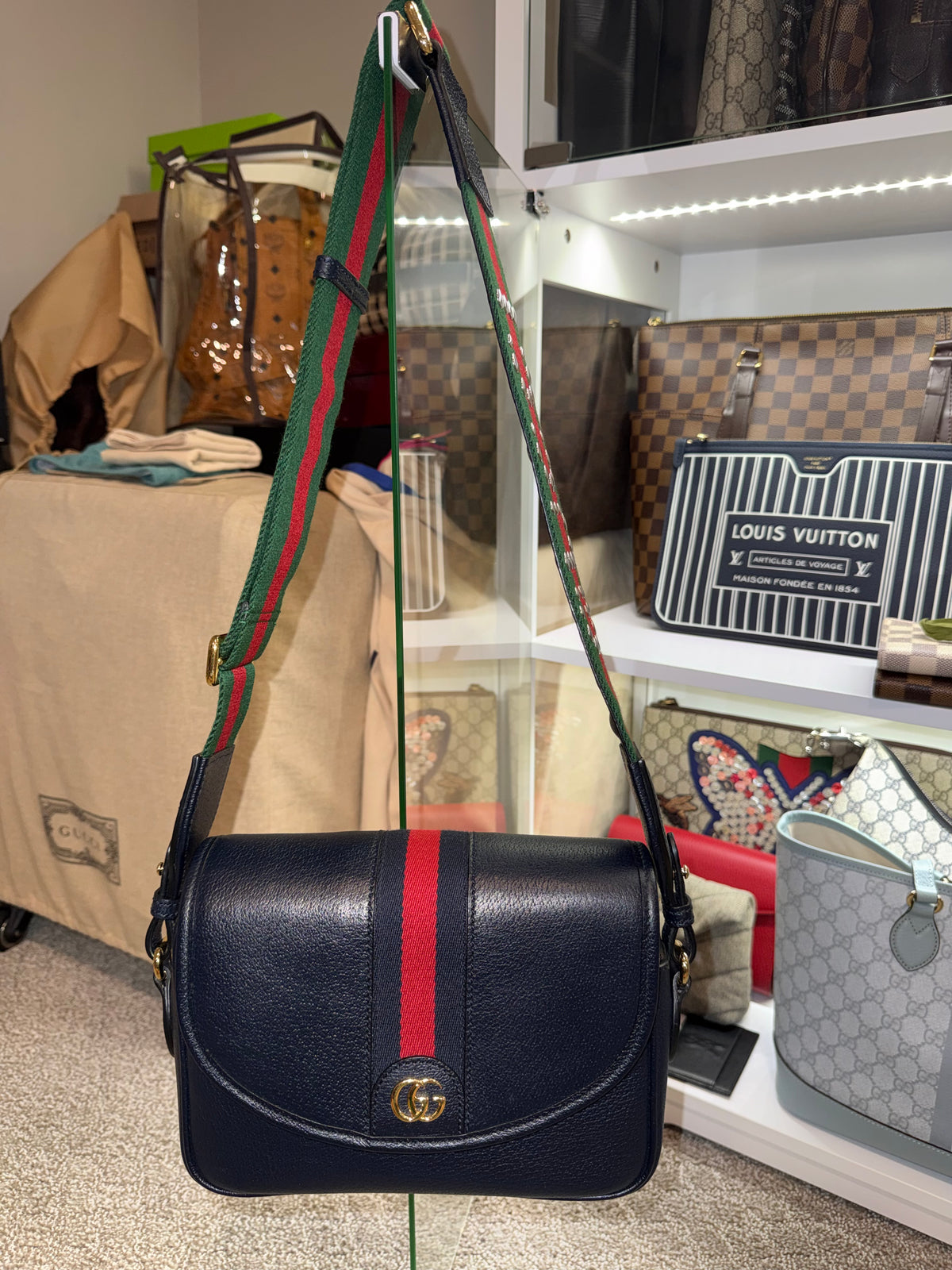 Gucci Navy Leather Crossbody with 2 Straps Red and Green Strap/ Blue Leather