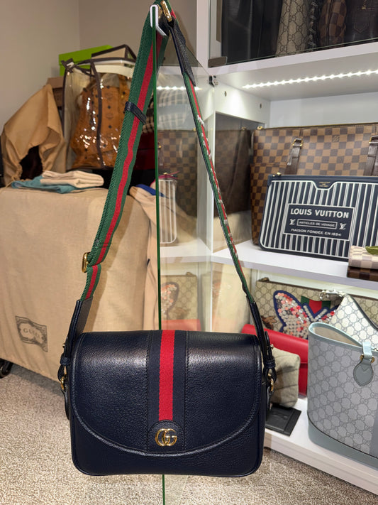 Gucci Navy Leather Crossbody with 2 Straps Red and Green Strap/ Blue Leather