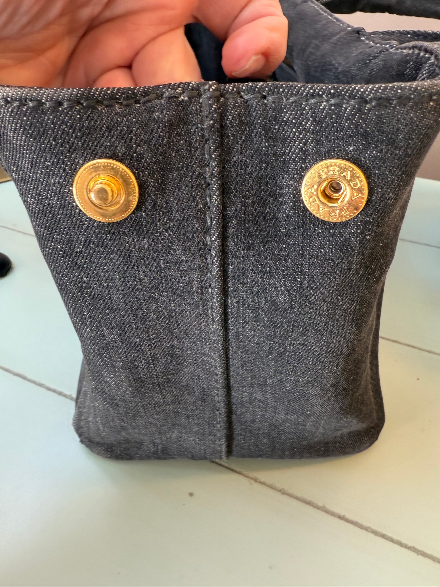 Prada Canapa logo-print tote bag in black denim