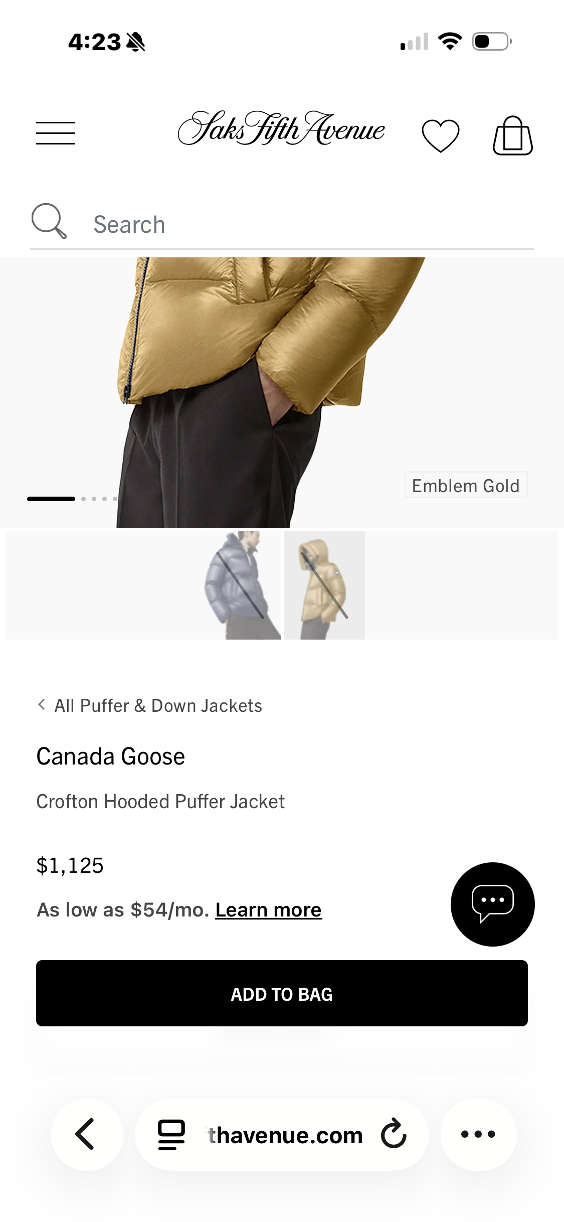 NWOT- Canada Goose Croften Hooded Puffer- Emblem Gold